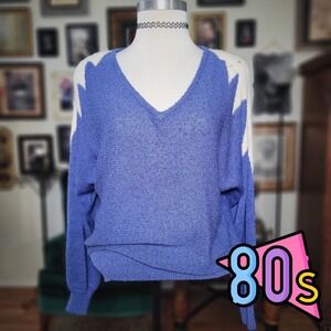 Vintage 80s Sweater‎ Brandini Knits Blue White Geometric V-Neck Pullover Large